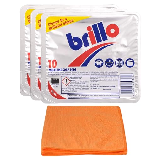 3X Brillo Multi-use Soap Pads (3 X 10 Pads)- Household Cleaner - Effective for Cleaning Pots Pans Cookers - with Ultra Absorbent Microfibre Cleaning Cloth