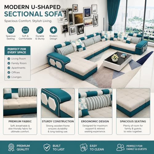 Image of Torque Silvester 12 Seater Sofa Set for Living Room (Team) | Interchangeable U Shape Sectional Sofa | Solid Wood Frame & High-Density Supersoft Foam | Includes Puffy & Stool | Modern Home Furniture