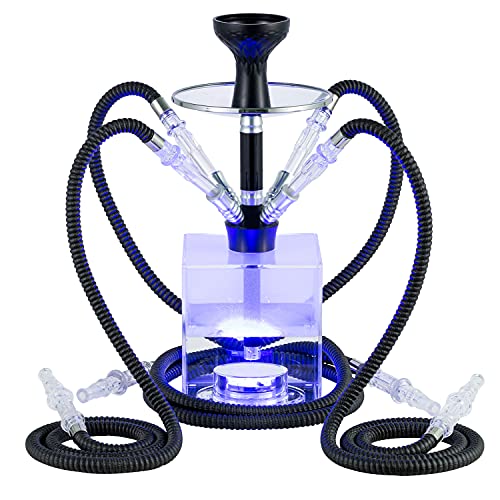 4 Hose Hookah Set Shisha Hookah Silicone Hookah Bowl Narguile Hookah Complete Accessory 4 Leather Hose Coal Tongs Magical Remote LED Light for Hookah Party Better Narguile Big Cloud Smoking (4 Hose)