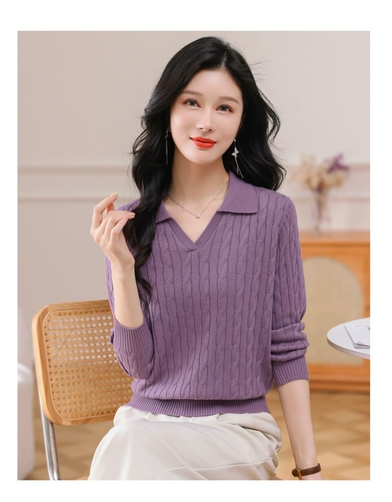 Maglioni da Donna con Scollo a V, Maglione Lavorato a trecce, Pullover Casual Elegante, Top Autunno Inverno alla Moda(Purple,L)