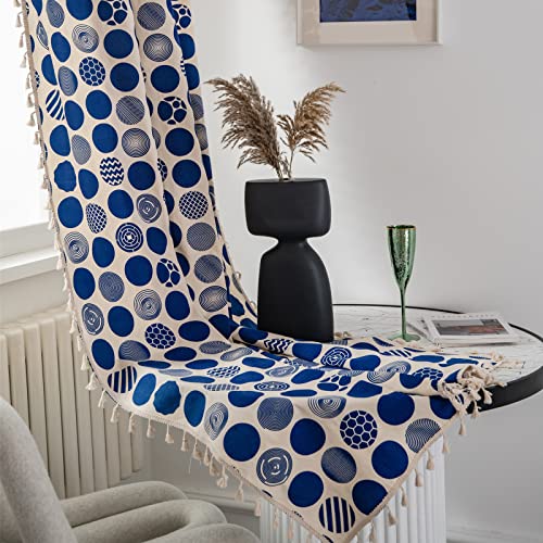Deeprove Cream Boho Curtain 84 Inches Long, Prussian Blue Circles Print Cotton Linen Black Tassel, Rustic Semi-Blackout Window Treatment Bohemian Drape For Bedroom, Rod Pocket, 1 Panel, 59" X 84" #TOP5