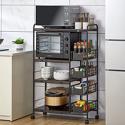 Image of XUANIIIL 4 Tier Microwave Oven Baker Rack on Wheels, Rolling Utility Cart Workstation Stand Holder Shelf with Storage Basket, Free Standing Kitchen Rack, 14