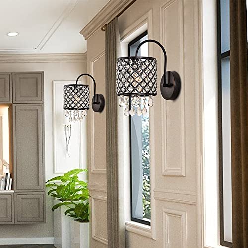 Maxax Crystal Wall Sconce, Modern Indoor Wall Lamp, Vanity Lighting Fixture With Lattice Drum Shade, Etl Listed, For Living Room, Bedroom, Hallway, Bathroom, Antique Black Finish, Set Of 2 #TOP6