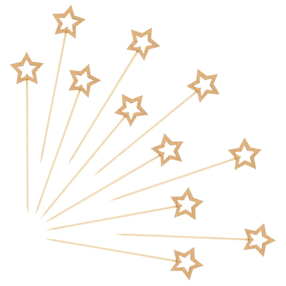 CREATCABIN 100Pcs Gold Star Cocktail Picks Decorative Fancy Toothpicks for Appetizers Cocktail Sticks Skewers Bamboo Cupcake Toppers Wood Star Food Sticks for Fruit Drinks Decoration Christmas 5.5Inch