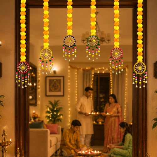 Image of Party Propz Artificial Marigold Hanging Decoration Items with Chakra Latkan- 6Pcs Ganpati Decoration Setup for Home, Varamahalakshmi Decorative Items, Door Hanging, Wall Latkan, Krishna Janmashtami