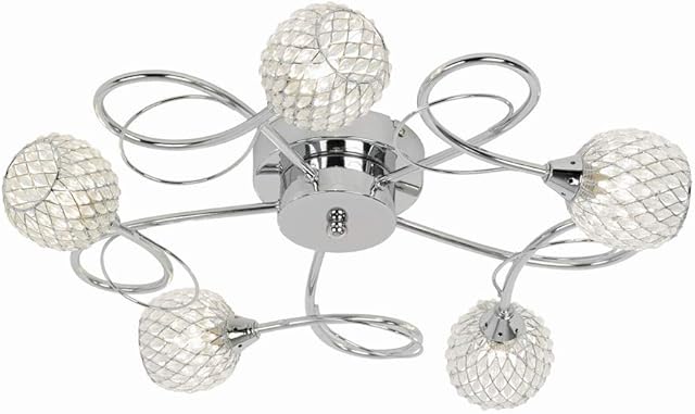 Merida Decorative 5 Way Spiral Silver Chrome Semi Flush Ceiling Light with Mesh/Glass Beaded Shades