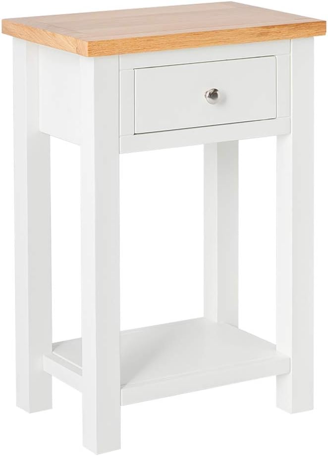 Farrow White Telephone Table with Drawer | Roseland Furniture Painted Solid Wooden Hall Stand with Oak Top, Hallway Storage Cabinet for Entryway, Living Room or Bedroom