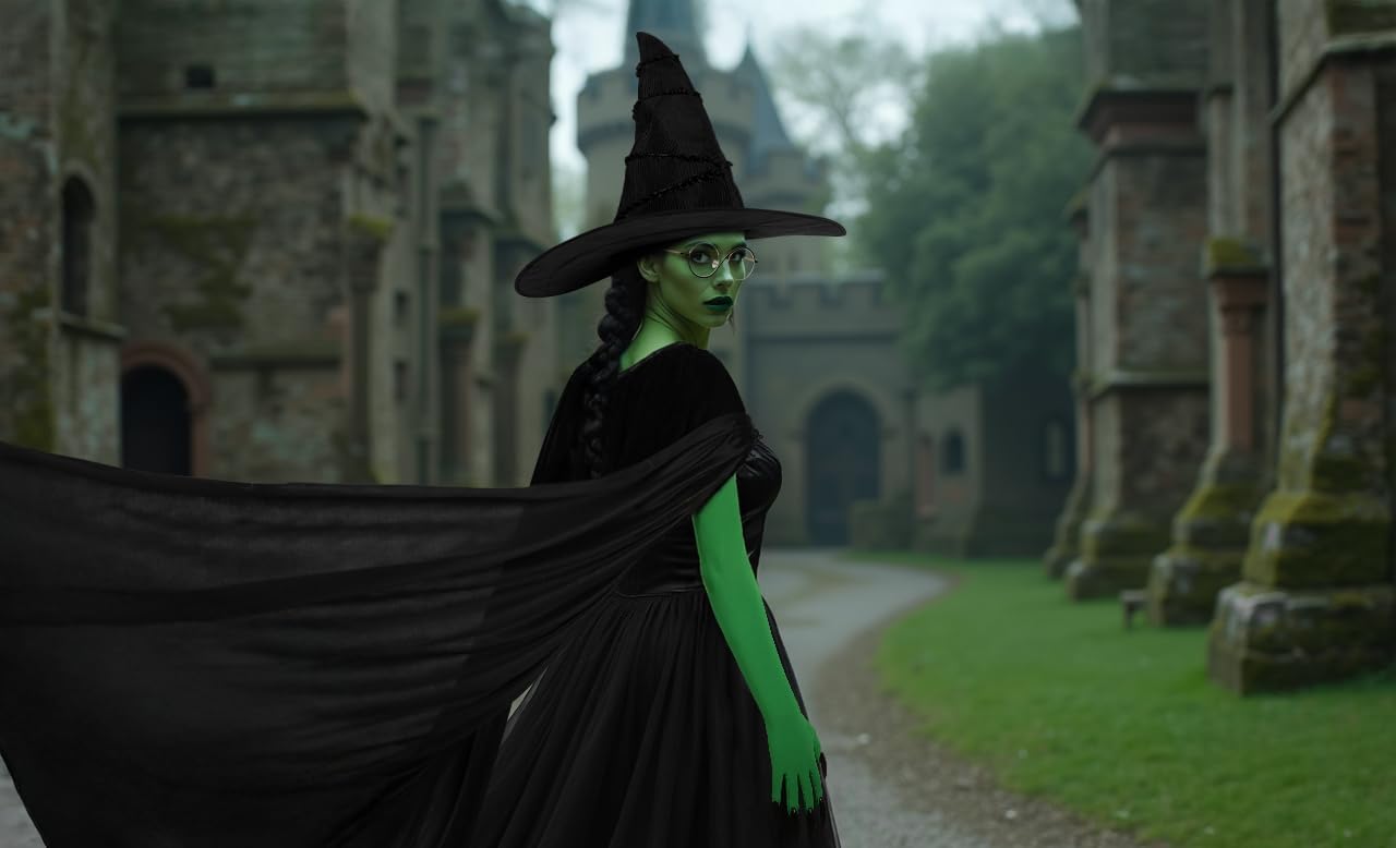 UQJE 5 Pcs Women's Witch Costume Wicked Green Witch Movie Cosplay Halloween Witches Hat, Cape, Glasses, Gloves Accessories