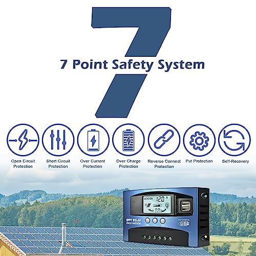 100A MPPT Solar Charge Controller, 12V 24V Dual USB Solar Panel Battery Intelligent Regulator with LCD Display, Auto Parameter Adjustable, Timer Setting, Multiple Load Control Modes