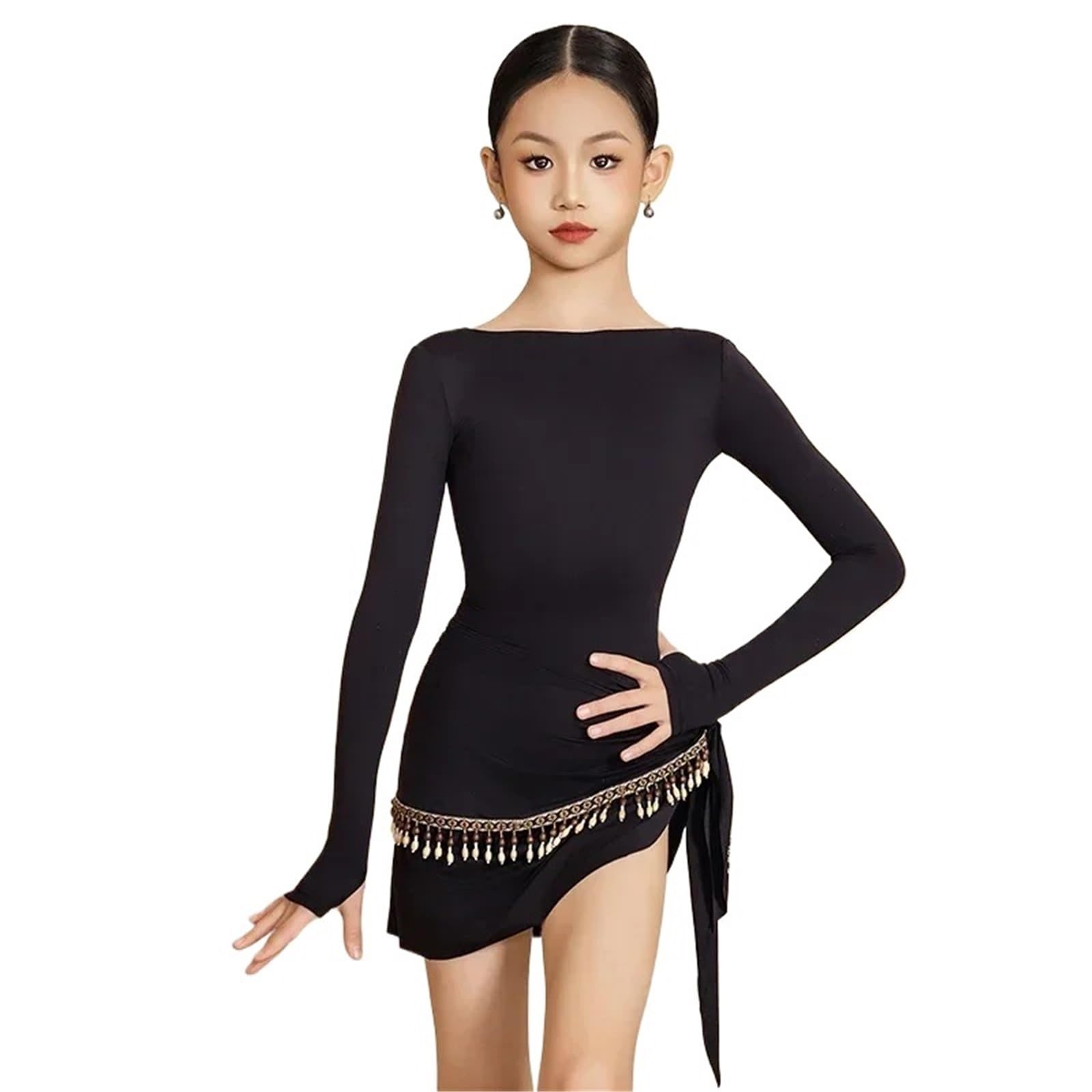 Vestiti da Ballo Latino Americano Set di Abiti da Ballo Latino, Top Senza Schienale, Maniche Lunghe, Gonna con Frange, Abbigliamento for esercitazioni Ragazza, Abito Cha Rumba