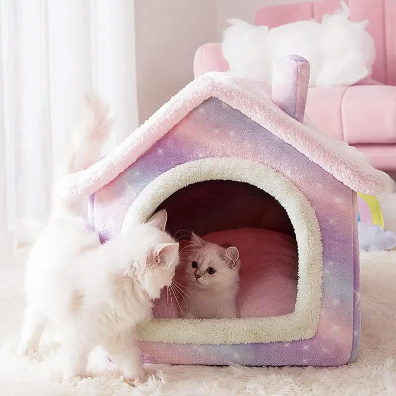 KOSTEN Letto per Canipiegabile Gatto da Gatto Pet Dog House Inverno Cat Villa Cannella Rimovibile Nest Tende per Animali Domestici-Fiore di Ciliegio-S (30X36X31Cm)