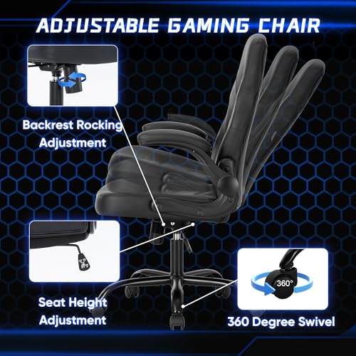 Image of OLIXIS Computer Gaming Desk Chair - Ergonomic Video Game with Comfy Lumbar Support and headrest, PU Leather with Flip-up Arms, Adjustable Height and Swivel Wheels, for Adults, Black