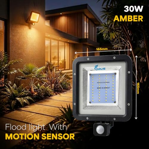 Image of Forus 30W LED Flood Light Amber with Motion Sensor Auto On Off Day Night Mode Waterproof Outdoor Security Light for Garden Parking Garage Factory Warehouse High Bright Floodlight 4Yr Warranty-1Pc