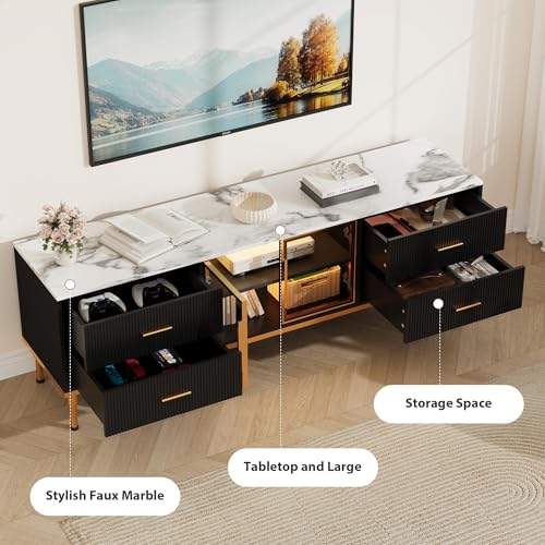 Garvee 79" LED TV Stand for 75/80/85 Inch TV, Modern Fluted Entertainment Center TV Console with 4 Drawers, Glass Doors, 2 Shelves, Golden Legs, Faux Marble Top for Living Room, Black by Garvee - Image 7
