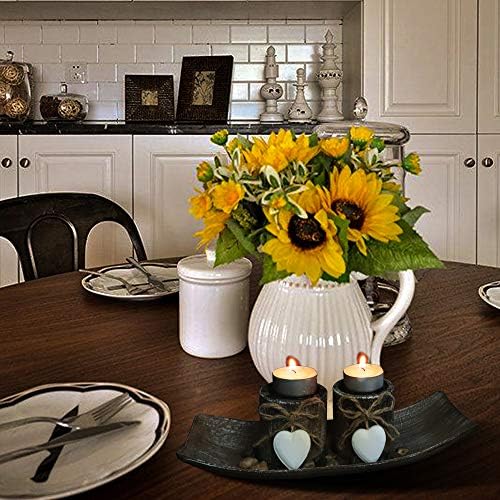 Fovasen Shabby Chic Tea Light Candle Holders, Romantic Valentines Christmas Decor Rustic Candle Holder Set Wooden Votive Candlestick with Tray and Rocks for Coffee Dining Table Center Decor-Set of 2
