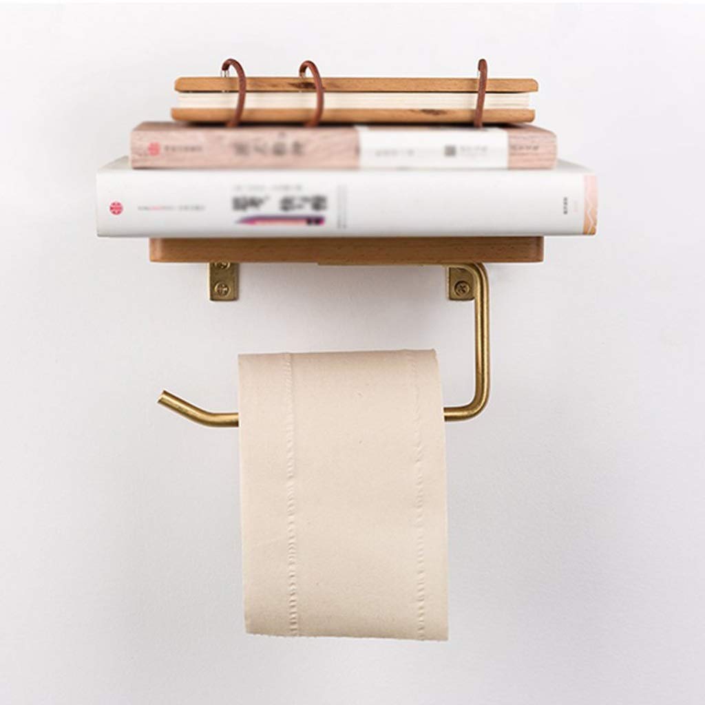 XYNSNDB NEECS Soporte de Papel higiénico de Madera Estante para teléfono Portarrollos de Papel, Estante de Almacenamiento de Montaje en Pared de latón Macizo (Color: B)
