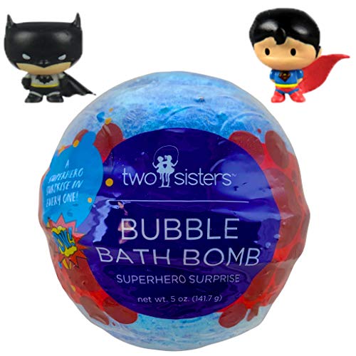 Superhero Bubble Bath Bomb for Kids with Surprise Superhero Toy Inside by Two Sisters Spa. Large 99% Natural Fizzy. Moisturizes Dry Sensitive Skin. Releases Color, Scent, and Bubbles.