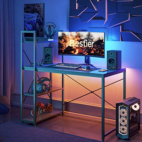 Bestier Gaming Desk with Adjustable Shelves, Industrial Computer Desk with 3-Tier Side Shelves, 120cm Office Desk with X-Shaped Crossbar for Home Office, Study, and Gaming Setup, Black