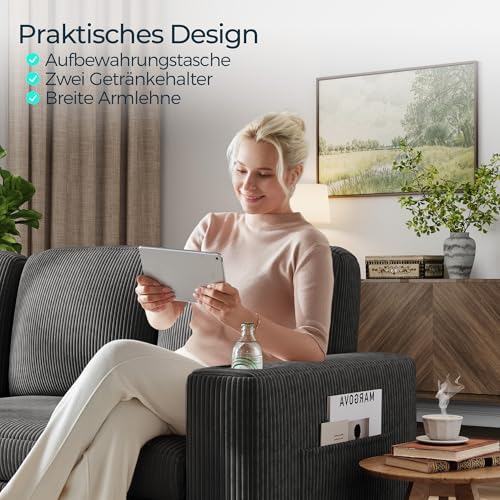 LINSY HOME Loveseat Sofa mit Stauraum – Bequemes Plüsch-Cord-2-Sitzer-Sofa mit Getränkehaltern, Sofa Klein für Kleine Räume, Wohnzimmer, Schlafzimmer, Wohnung