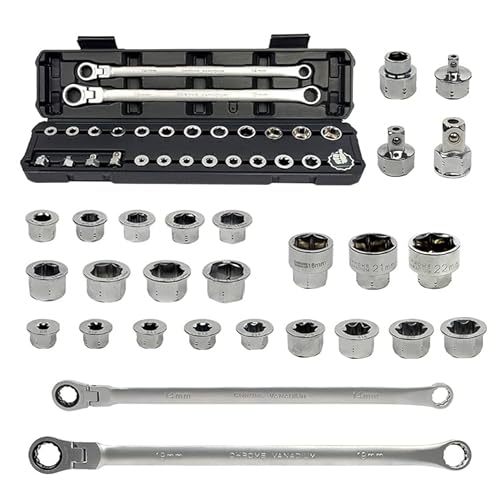 AKM TOOL 27 PC Flex Head Ratcheting Wrench Set, Metric | 72-Tooth | 8-22mm | Extra Long Double Box End Ratchet Wrench Flex Head Wrench Set