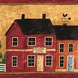 CONCORD WALLCOVERINGS ™ 壁紙 ボーダー カントリーパターン 村 農家 木 フェンス キッチン ダイニングエリア コテージ ファームハウス、タンレッドグリーン、15フィート x 6.2インチ 5813930