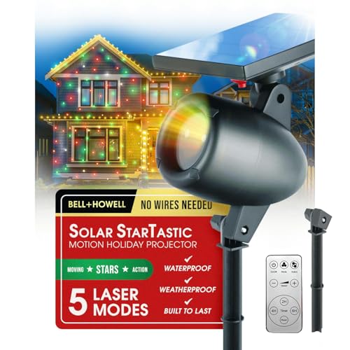 STARTASTIC Solar Wireless Christmas Lights Show Projector, LED Solar Outdoor Christmas Decorations Without Wires for Easy Installation, Auto-On, Remote Control, Waterproof, 5 Modes, for House, Party