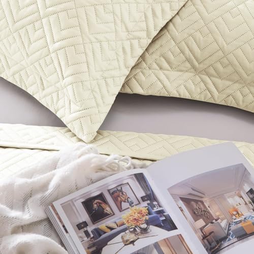 Image of VAS COLLECTIONS 100% Cotton Ultrasonic Quilted King Bedspread Set, 280 TC Soft Lightweight Stitch-Free Coverlet, 90x100 Inches, with 2 Pillow Covers (Beige)