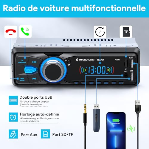 Autoradio Bluetooth avec charge rapide USB 2.1A et kit mains libres intégré
