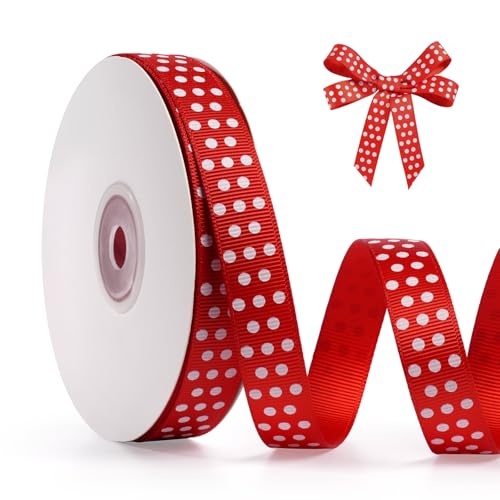 FAKILO Ruban à pois 15mm x 22m Rouge et Blanc - Ruban satiné de haute qualité pour emballage cadeau, décoration de Noël, créations DIY, mariage,...