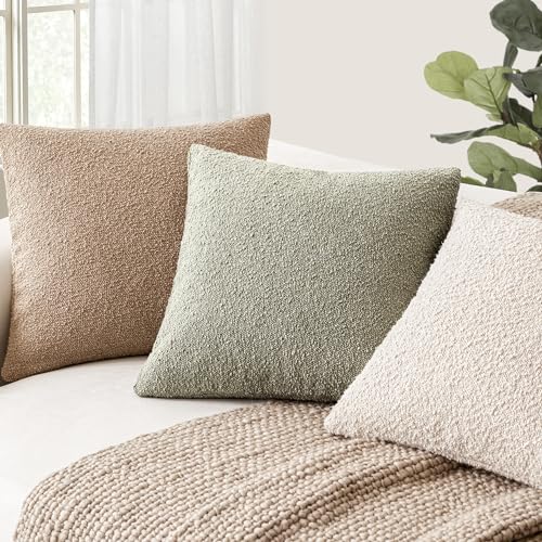 Image of Foindtower Pack of 2, Decorative Textured Boucle Throw Pillow Covers Accent Solid Pillow Cases Cozy Soft Couch Cushion Case for Chair Sofa Bedroom Living Room Home Decor 22x22 Inch Dirty Sage Green
