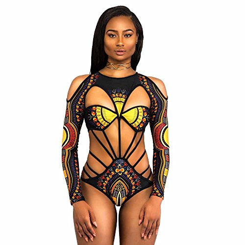 Preisvergleich Produktbild Hirolan Sommer Badeanzug Strandkleidung Damen afrikanisch Drucken Bikini einstellen Bademode Hochdrücken Gepolstert BH Strappy Ärmellose Spielanzug Short Outfit Overall (L, Schwarz)