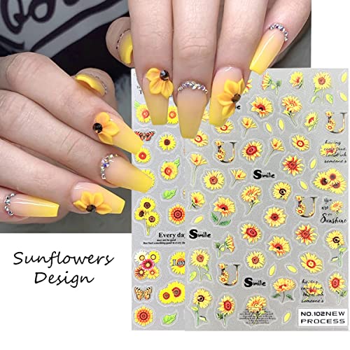 4 Pcs Sunflower Nail Stickers 5D Exquisite Yellow Daisy Nail Decals 3D Self Adhesive Nail Art Supplies Small Floral Flower Sunflowers Letters Designs Sticker Sliders Diy Nail Art Decorations For Women #TOP1