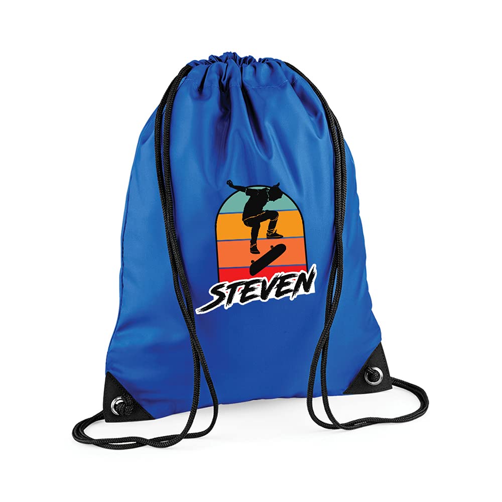Getagift Personalised ANY NAME Skateboarding, Silhouette Skater, Skateboarder Gift for Kids Boys/Girls/Children, Drawstring Bag, PE Gym Kit School, Swimming, PE Kids Sport Rucksack. (Bright Royal)