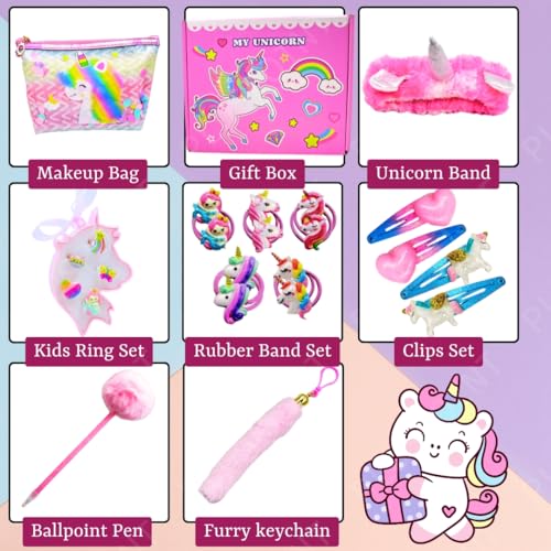 Image of PLUSPOINT Unicorn Gift for Girls 23Pcs Set for Kids of Unicorn Handbag Purse, Hair Band, Hair Clips, Cartoon Cap, Pen, Toy Soft Plush Toys Set for Birthday Gifts for Kids