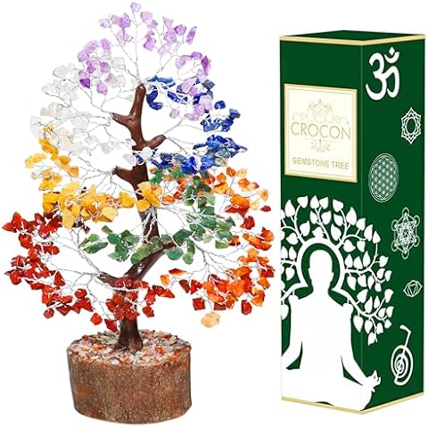 Crocon Seven Chakra Gemstone Tree Feng Shui Figurine Money Bonsai Good Luck Reiki Healing Crystals Balancing Decoration Ornament Sculpture Wealth Prosperity Table Room Decor Gift Size 10-12" Cover