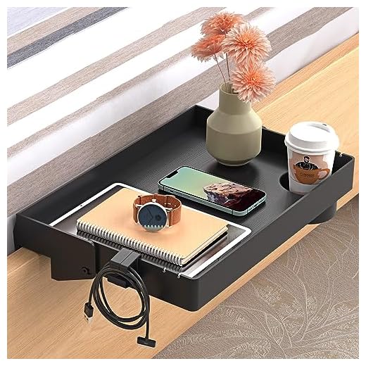 SPACELEAD Bedside Shelf for Bed – College Dorm Room Clip On Nightstand with Cup Holder & Cord Holder -Tray Table Caddy for Students – Bunk Bed Shelf for Organizer Top for Bedroom (Black，Plastic)