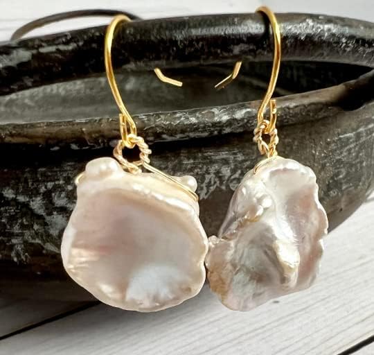 Gold Wire Wrapped Flat Freshwater Pearl Earrings