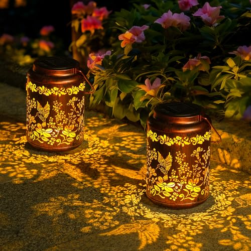 OxyLED Geschenk Frauen, 2er Set Kolibri Solarlaterne für Draußen mit Handle IP44 Wasserdicht Auto Ein/Aus Ideale Solar Laterne für Garten Balkon Tischdeko & Wege als Geschenke für Mama Oma Frauen