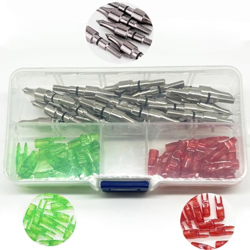 60pcs Arrow Points and Throat Pin Nocks Set, 20 Steel Screw Tips(100 Grain ), 40 Pin Nocks (pin1, suitable for 12-14 bowstrings) 5/16 inch Screw in Bullet Points for Crossbow(Arrow accessories)