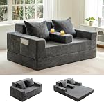 MAXYOYO Loveseat Sofa Bed, 4 in 1 Foldable Floor Sofa Couch in A Box with 2 Cup Holders, Convertible Boneless Couch Folding Recliner Chair for Living Room, No Assembly Required, Dark Grey