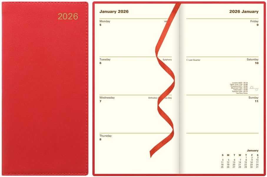 Letts of London® 2026 Belgravia Weekly/Monthly Appointment Book and Planner, 12 Months, January to December, Italian Leather, Vertical, Slim Size, 6.625" x 3.25", English, Red (C33SURD-26)