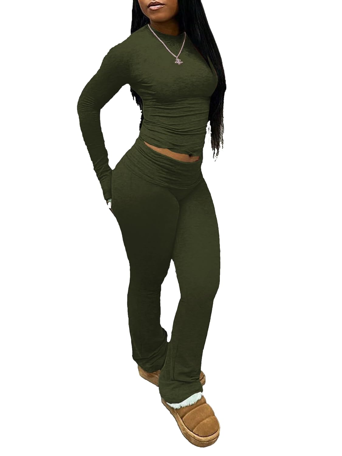 Womens 2 Piece Lounge Sets Crop High Wasit Foldover Flare Leggings Pants Casual Workout Outfits Tracksuit