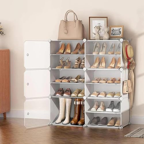 PESOMA Plastic Shoe Rack - 12 Layer DIY Shoe Rack Organizer with Door, Multipurpose Shelf Storage, Adjustable Shoe Organizer, Shoe Stand for Heels/Shoes/Slipper (White) (B0D8BKW7LR) Amazon Price History, Amazon Price Tracker