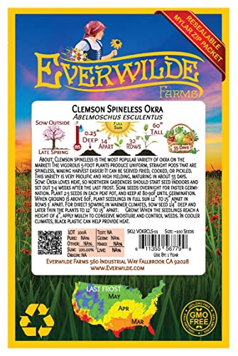 Everwilde Farms - 100 Clemson Spineless Okra Seeds - Gold Vault Jumbo Seed Packet #TOP1