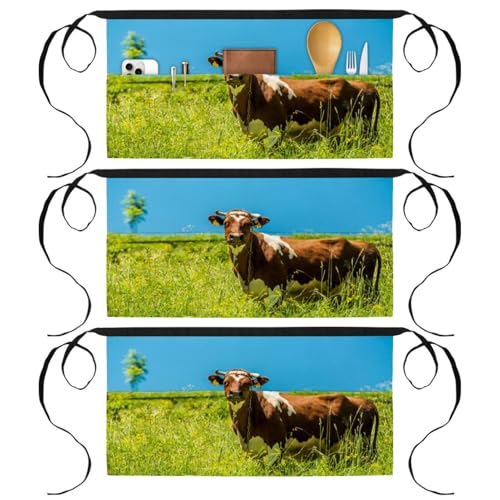 Demi-tablier de cuisine court 3 poches motif vache lot de 3