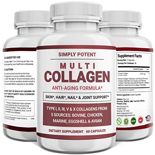 Simply Potent Multi Collagen Peptides Powder Pills, Hydrolyzed Collagen Protein Supplement with 5 Collagen Types I, II, III, V, and X for Skin, Hair, Nail & Joint Support, 60 Capsules