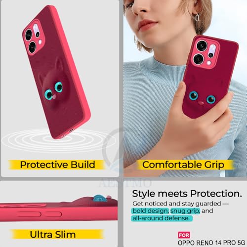 Image of AESTMO Back Case Cover for Oppo Reno 14 Pro 5G Back Cover | 3D Cat Cover | Leather Finish | Full Body Protection | Camera Protection Back Cover for Oppo Reno 14 Pro 5G (Pink)