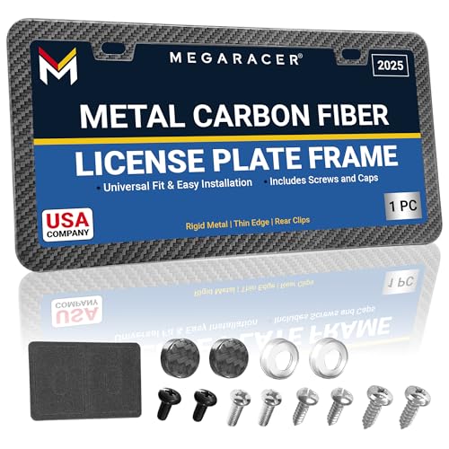Premium Slim Carbon Fiber Design License Plate Frame – 1 Piece, Rust-Free Stainless Steel & Rattle-Free, Street Legal, Universal with Screw Caps, Thin Metal Front or Rear Car Tag Holders for Men