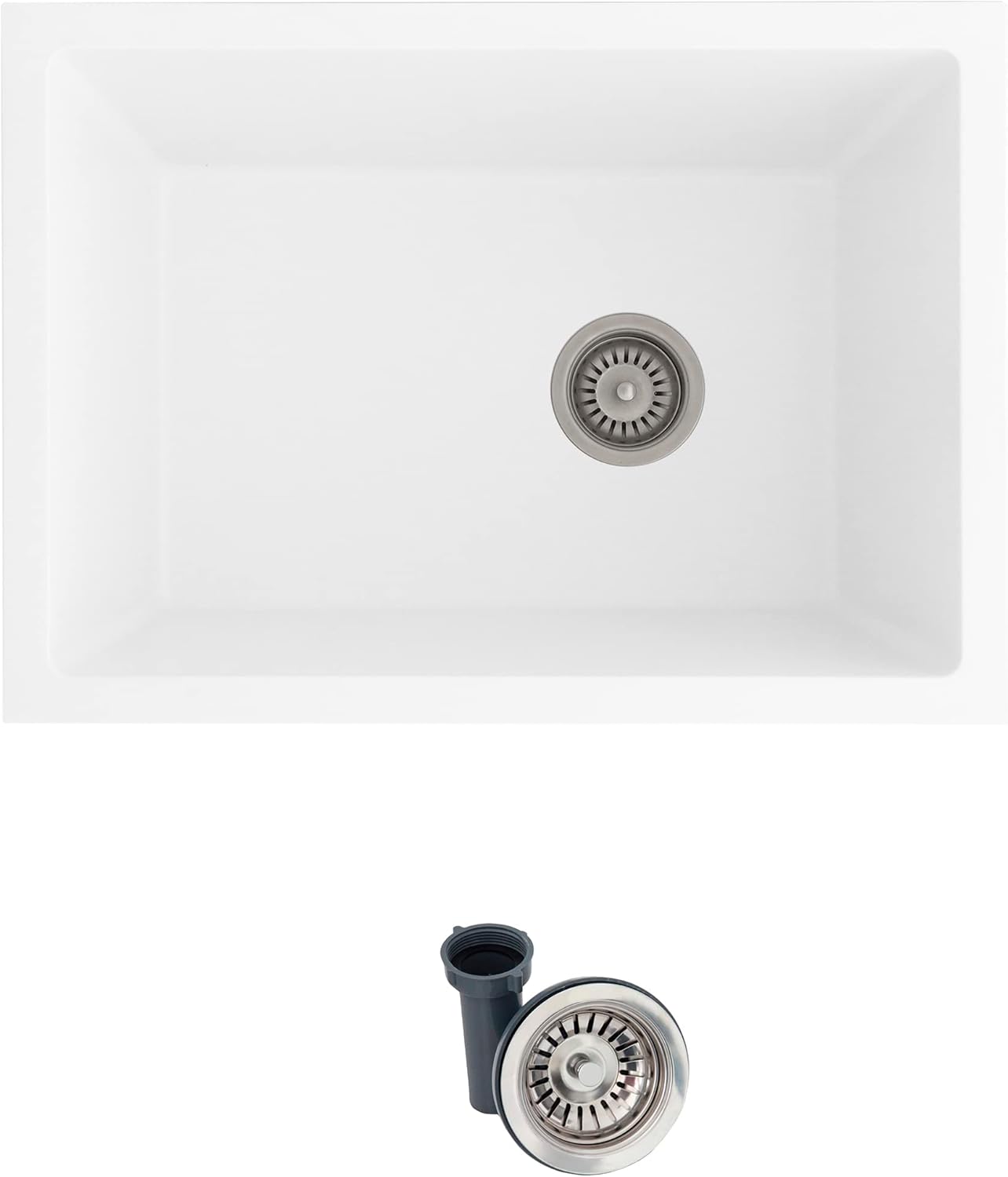 Stylish 25 x 18 Inch Laundry Sink Single Bowl 12 Inch Deep 15 mm Radius Cornes Granite Drop In or Undermount Sink with Regular Strainer White, S-825H
