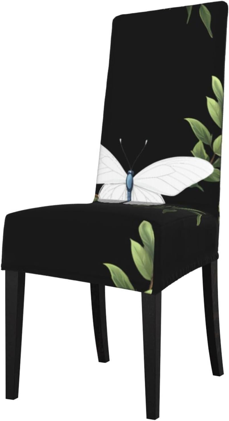 White Butterfly On Branch Prints Protection Cover for Dining Chair – Stretchy & Wrinkle-Resistant Chair Throw Covers for Dining Room, Hotel, and Event Decor